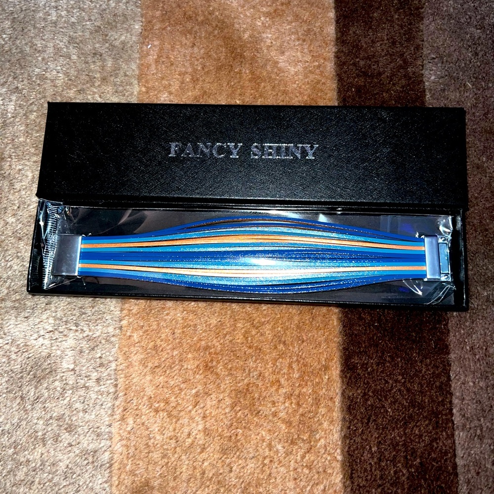 Fancy Shiny Leather Wrap Bracelet - blue and gold NWT in box